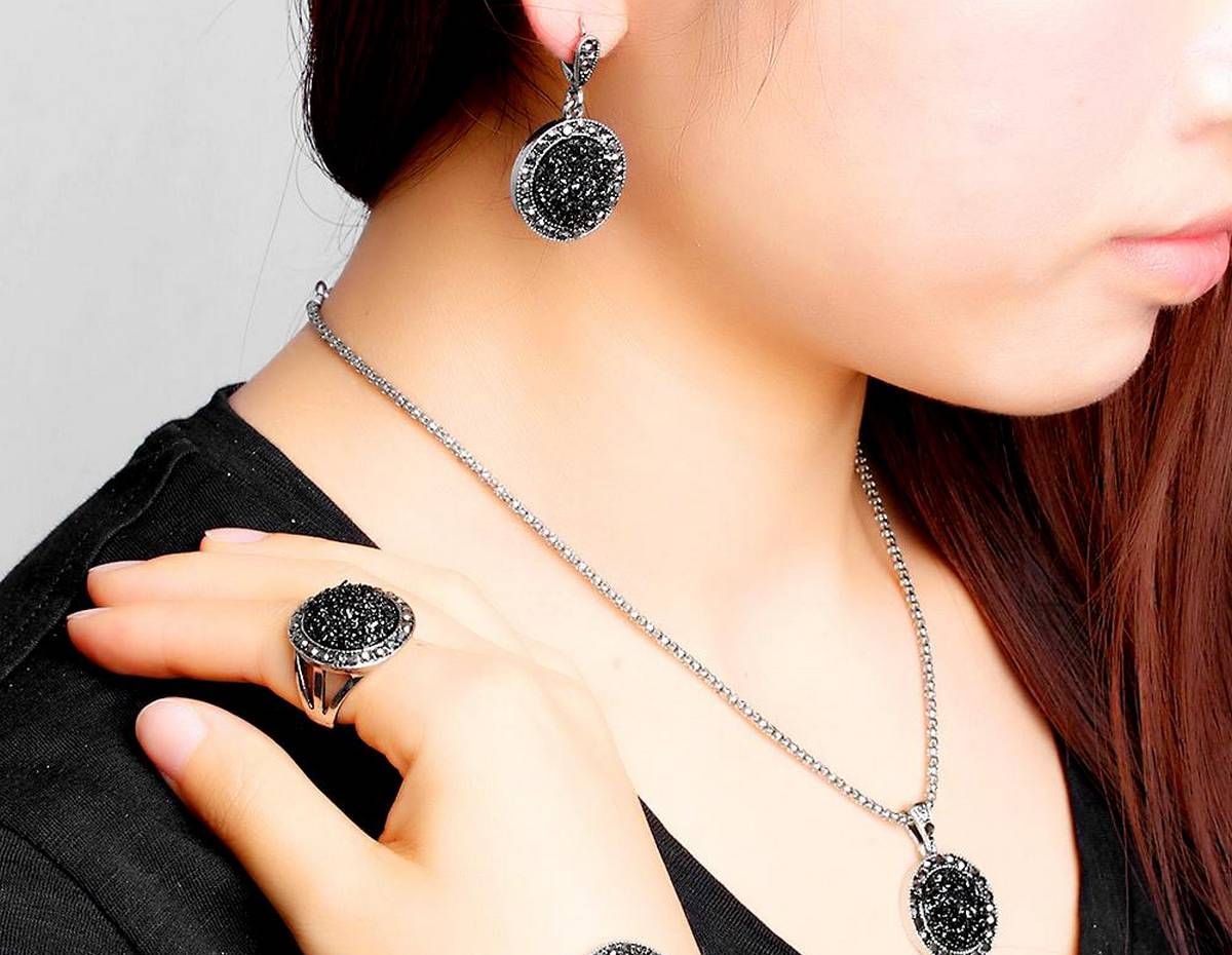 3 pcs vintage Turkish bohemia rhinestone necklace earrings and ring set – black stone bridal jewelry Pakistan – Hanaya Store