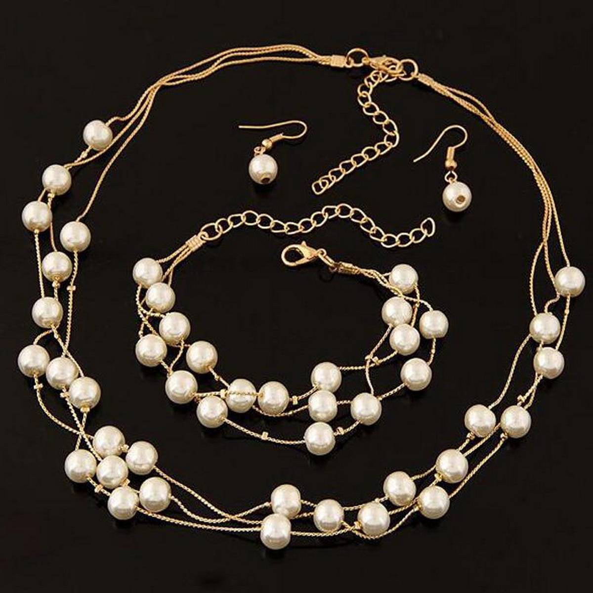 Imitation Pearl Jewelry Set Simulated Pearl Double Layer Women Earrings Necklace Bracelet Set – Accessories Online in Paki...