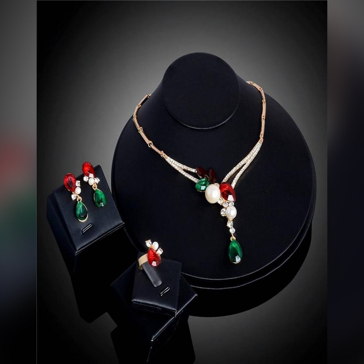 Austrian Crystal Simulated Pearl Flower Necklace, Ring & Earring -FREE Gift Box – Accessories Online in Pakistan | Hanaya