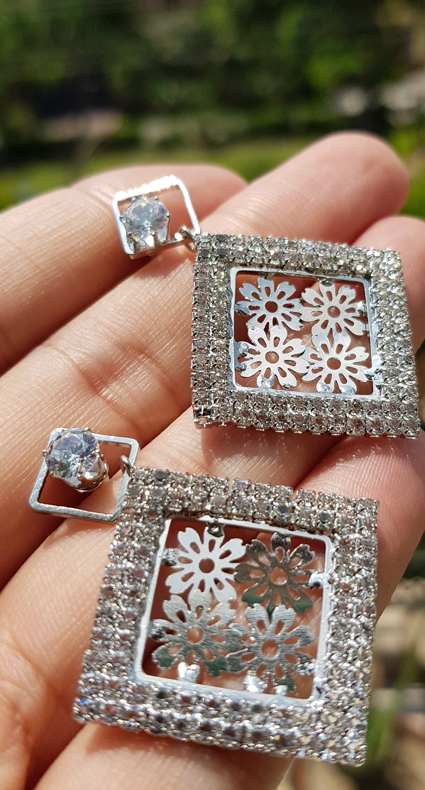 High Quality Cubic Zircon Flower in Square Party Wedding Classy Trendy Earring – Earrings Online in Pakistan | Hanaya
