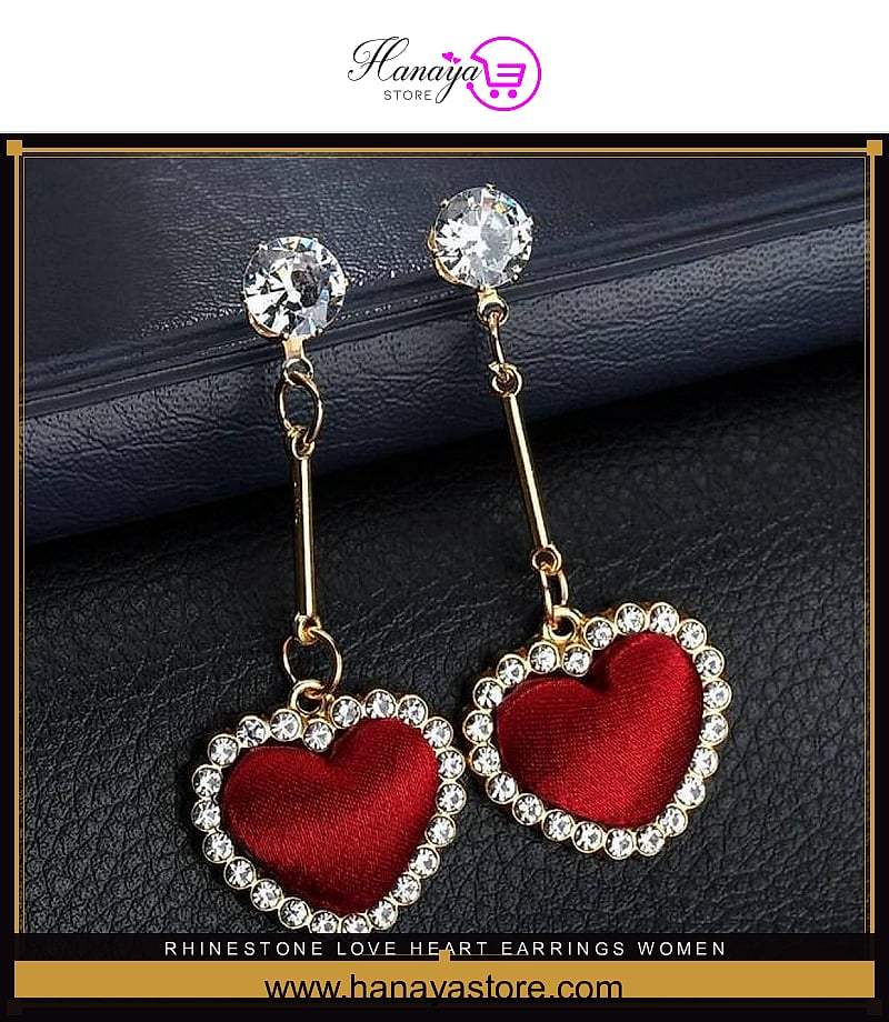 Rhinestone Love Heart Earrings Women Long Jewelry Pom Pom Earring -FREE Gift Box – Earrings Online in Pakistan | Hanaya