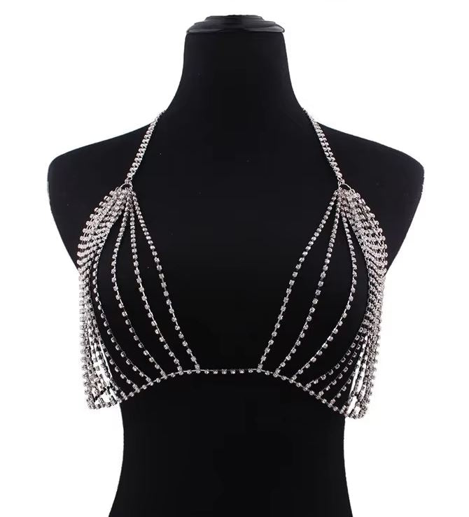 Shiny Rhinestone Mesh Hollow Chest Chain – Crystal Halter Bra Top Body Jewelry – Close Up – Earrings | Hanaya Pakistan