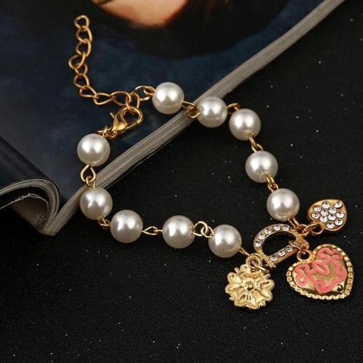 Fashion Pearl Imitation Bracelet Metal Sweet Heart Hanging Rhinestone -FREE