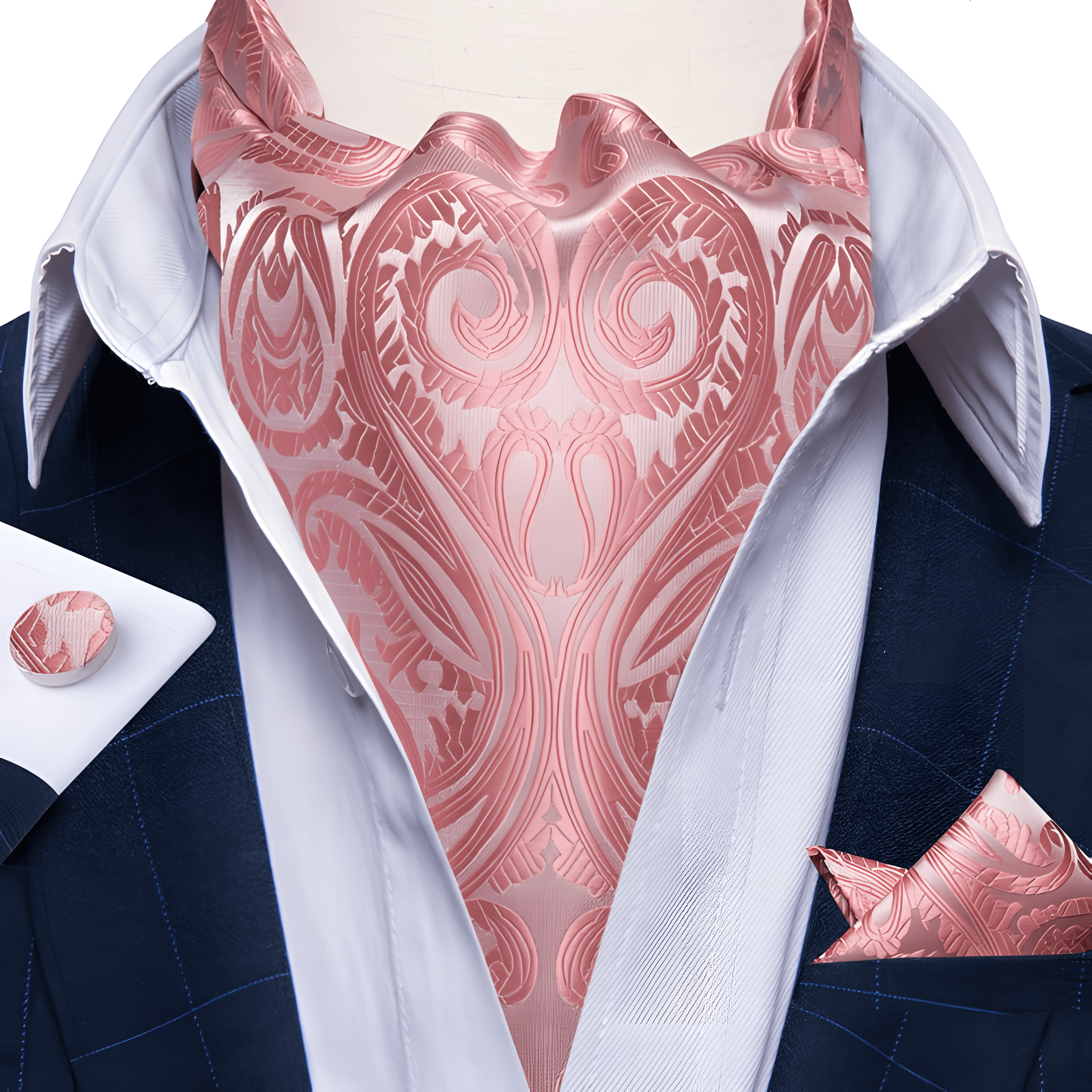 Men’s cravat, bow tie, ascot tie, pocket square, and cufflink set in jacquard woven silk for wedding and formal wear