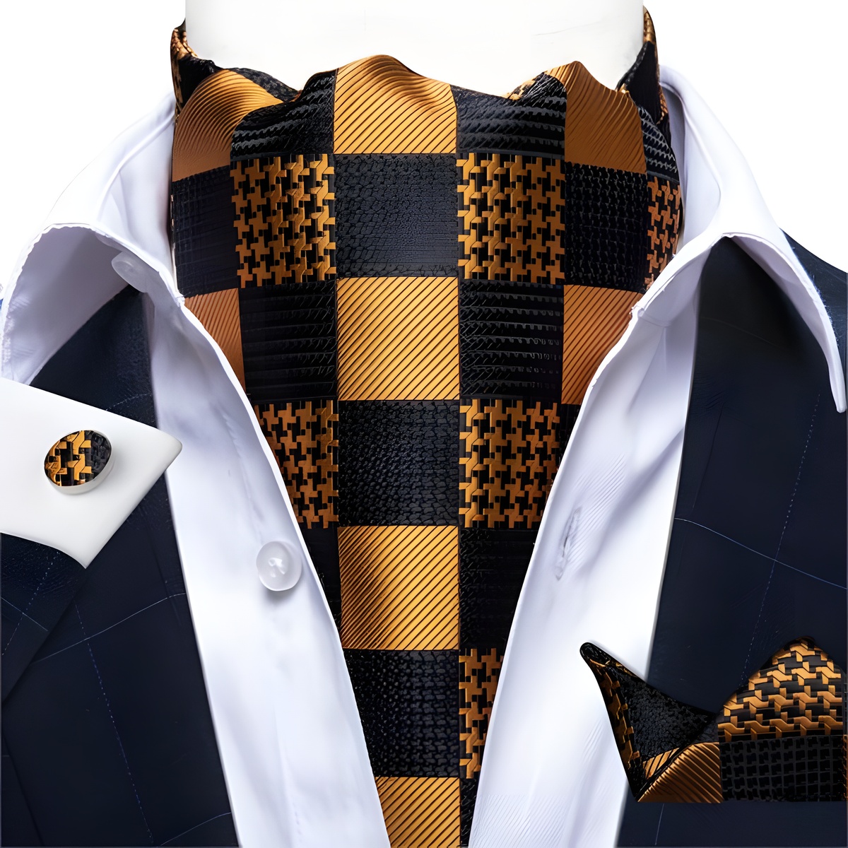Mens Neck Fashion Cravat Tie Bowtie Ascot Silk Pocket Square Cufflink Set for Wedding & Formal Wear

