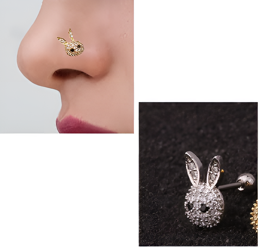 Thin Nose Pin with CZ Crystal Bunny – Elegant Nostril Piercing Jewelry