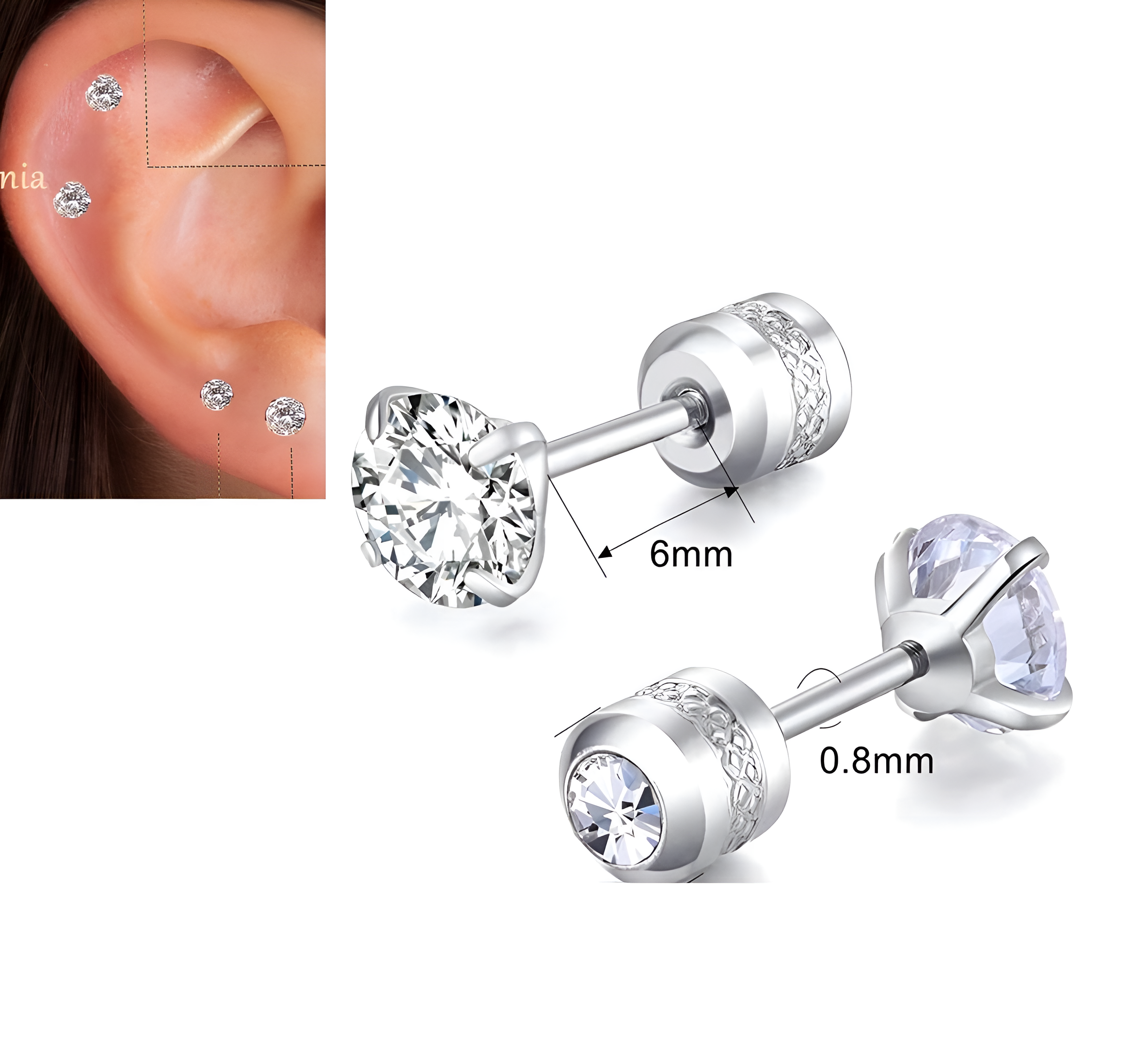 2 Pieces Cartilage SNUG 5MM Helix 0.8MM ROOK ORBITAL Stud HELIX Front Back TRAGUS LOBE Crystal Tragus Piercing DAITH Earring