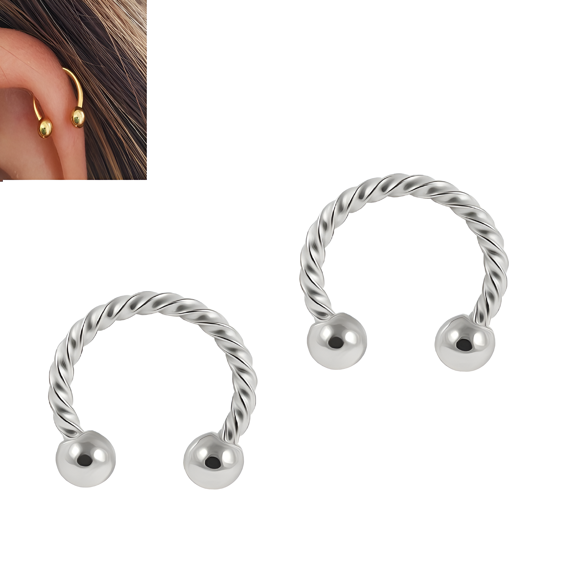 2 SNUG Pieces Spiral 10MM Cartilage Helix ROOK TRAGUS Stud ORBITAL HELIX 1.2mm 16G Tragus Ear LOBE Piercing Plug DAITH Horseshoe Earring For Girls
