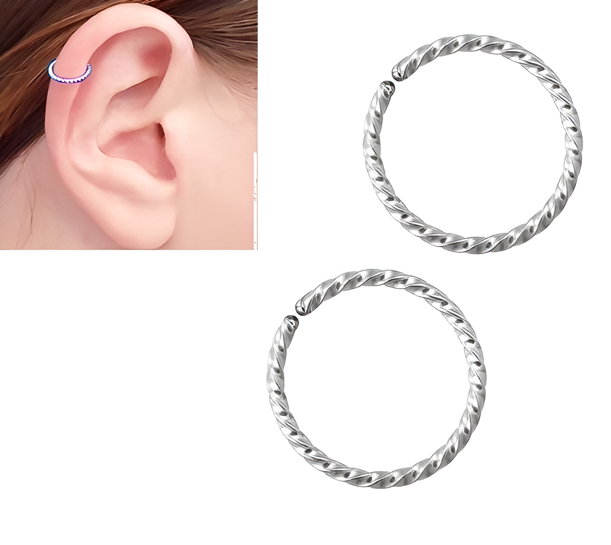 2 DAITH Pieces 8mm Spiral Cartilage ORBITAL HELIX LOBE Helix TRAGUS ROOK Stud SNUG Tragus Ear Piercing Earring For Girls