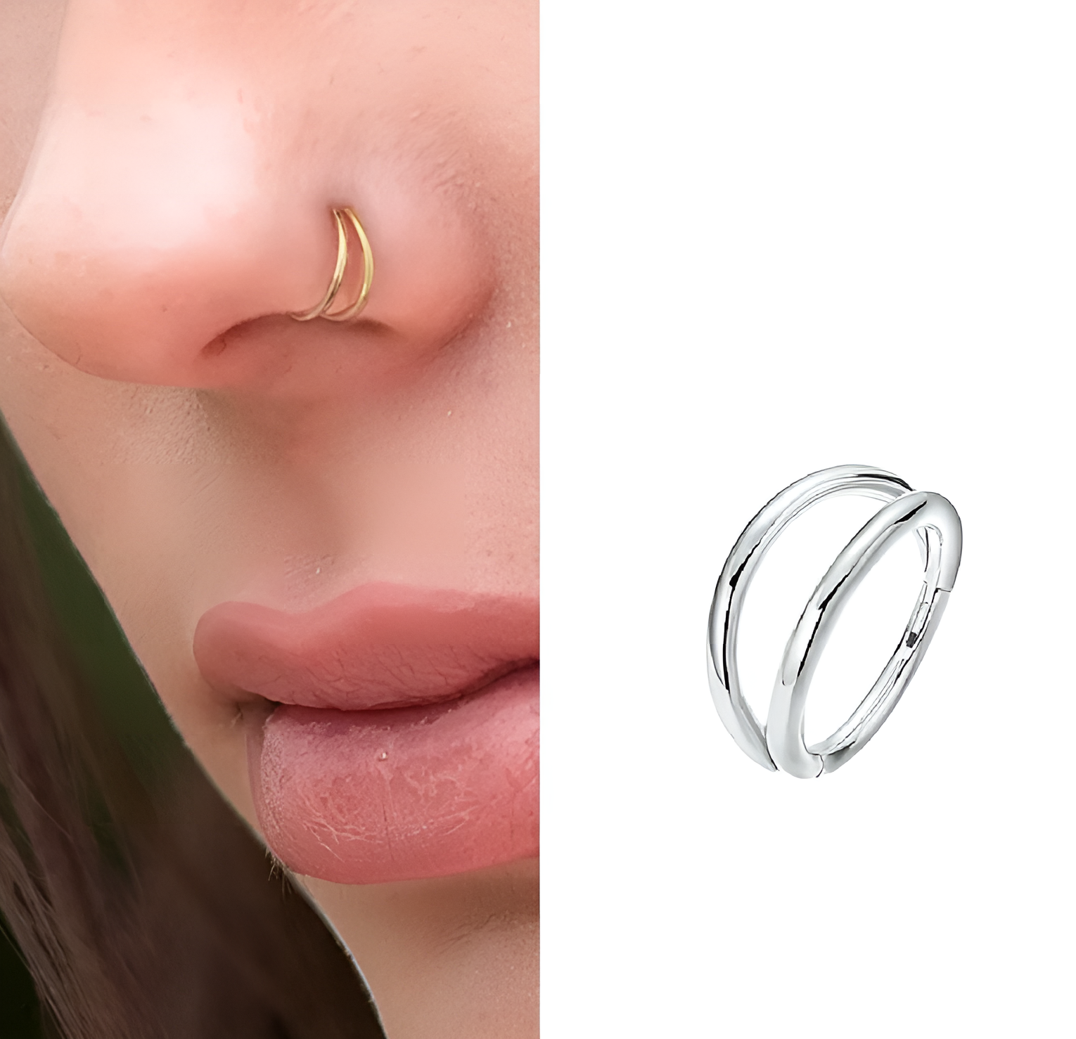 Piercing 1 Piece 8mm Seamless 2 Row Hinged Segment Double Ring Clicker Long Helix Nose Ring Body Jewelry – Close Up – Nose...