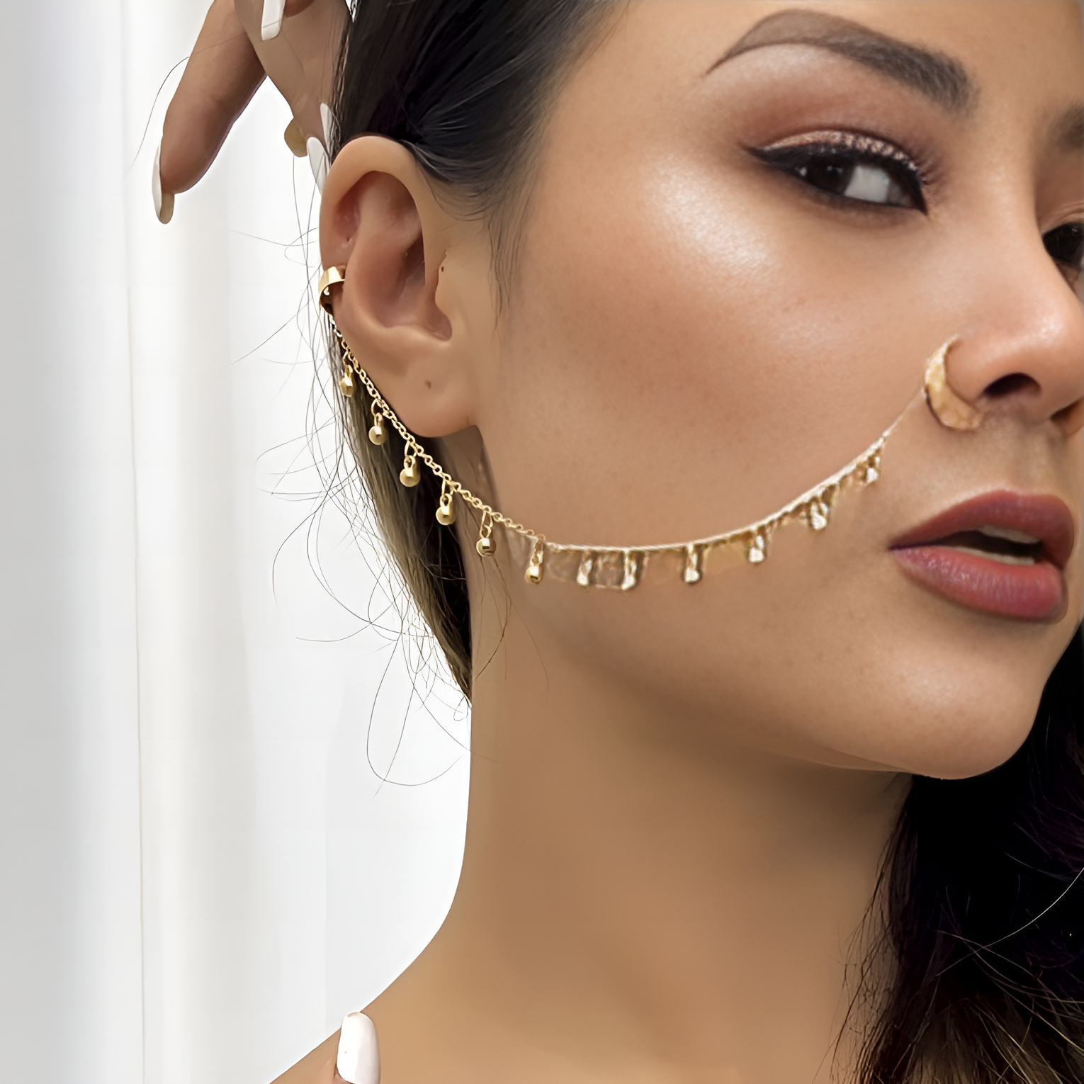 Non-Piercing Clip-On Thin Nose Pin Elegant Nostril Body Jewelry with Chain – Fake Ethnic Piercing Jewelry