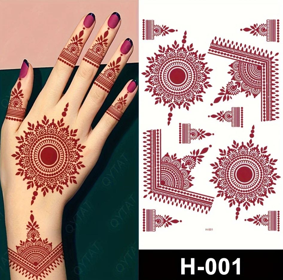 Red Henna Mehndi Tattoo Stickers Maroon Waterproof Mehndi Designs Bridal Wedding Function Party Mehndi