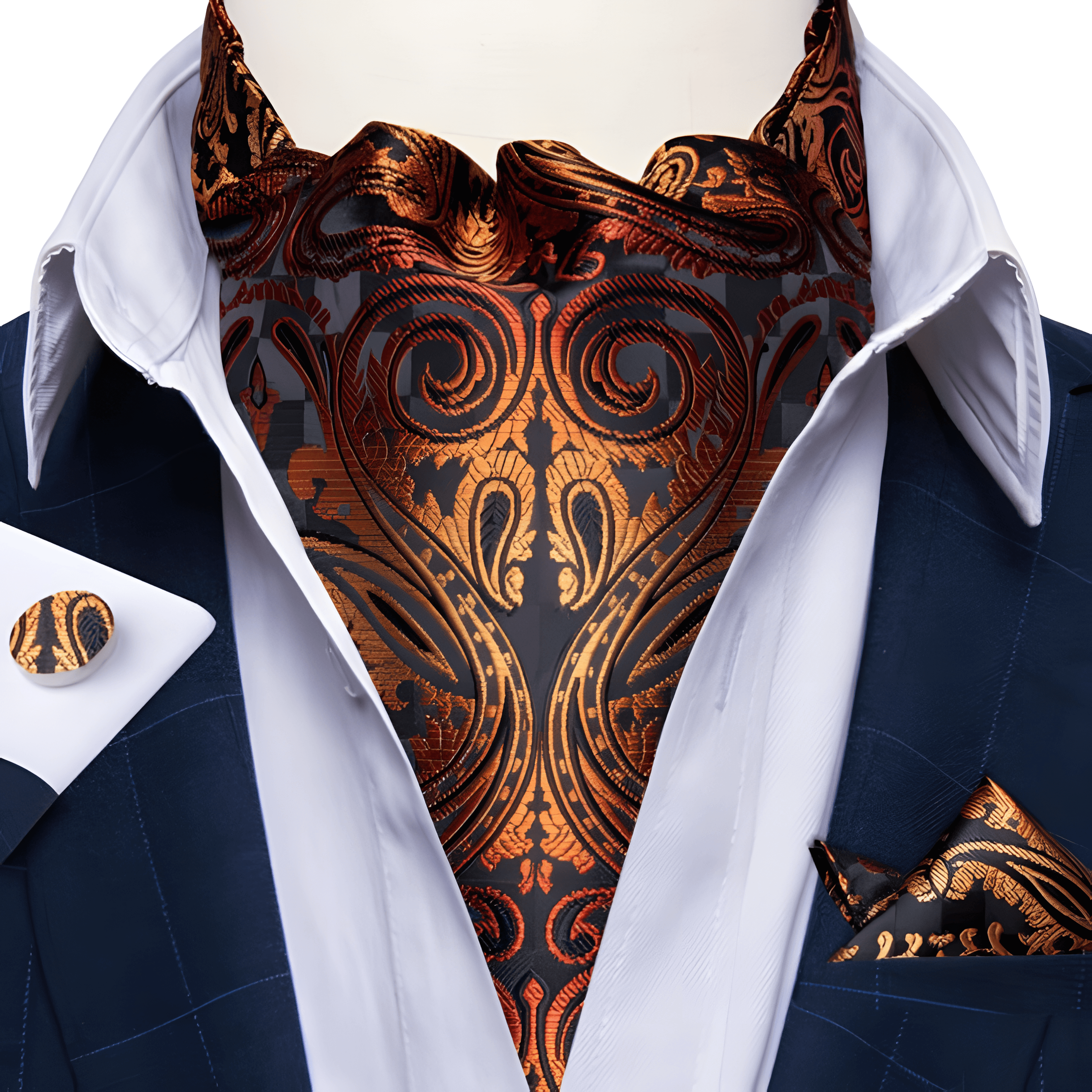Men’s cravat, bow tie, ascot tie, pocket square, and cufflink set – elegant jacquard woven silk design – formal male fashion accessory