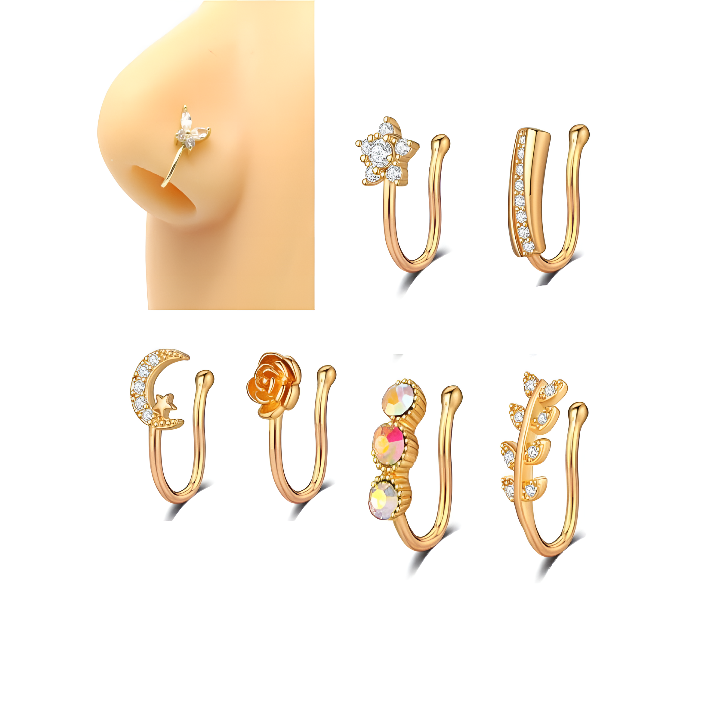 Piercing and non-piercing nose, body, and nostril jewellery collection for women