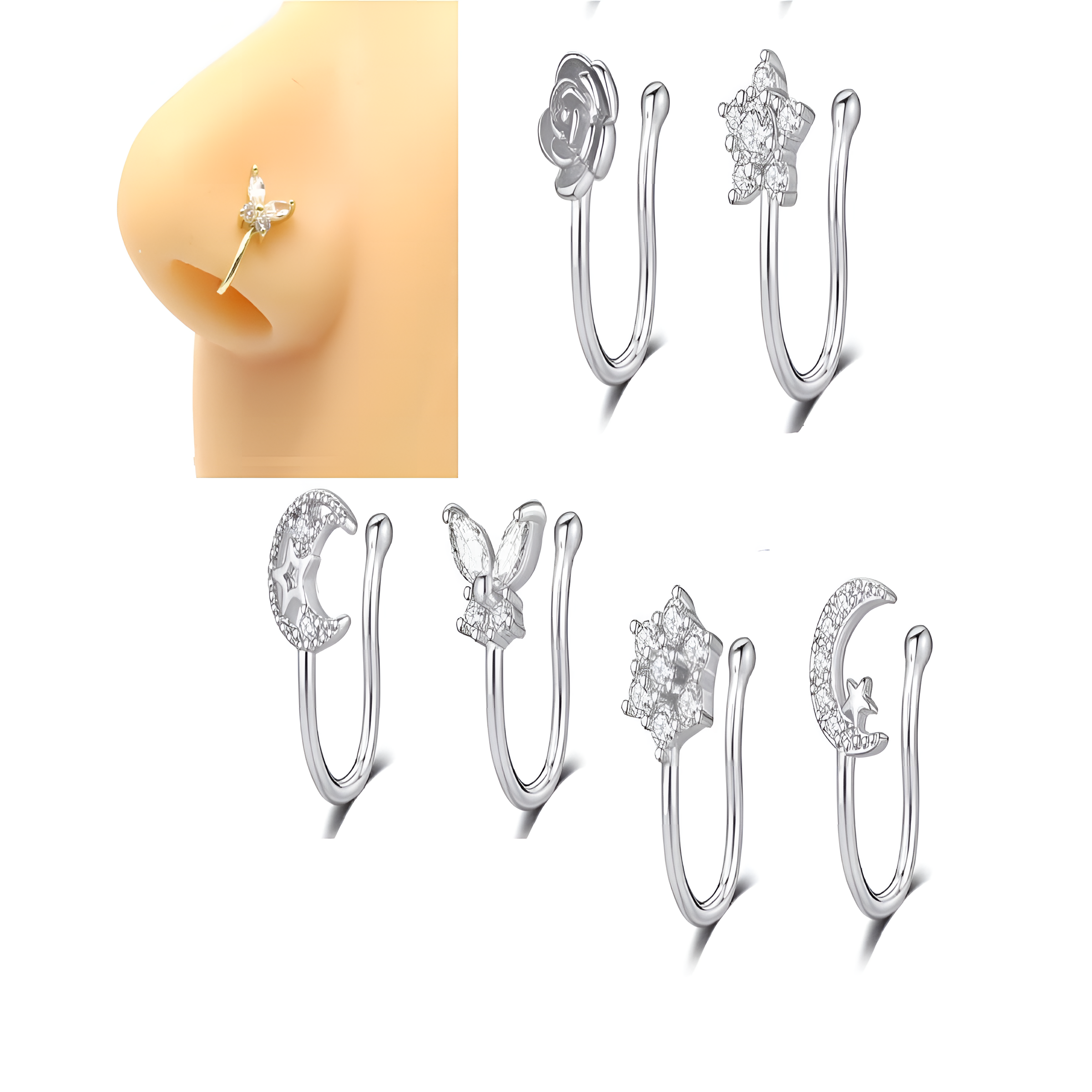 6pcs Non Piercing Nose Pin Set Adjustable Nostril Jewelry