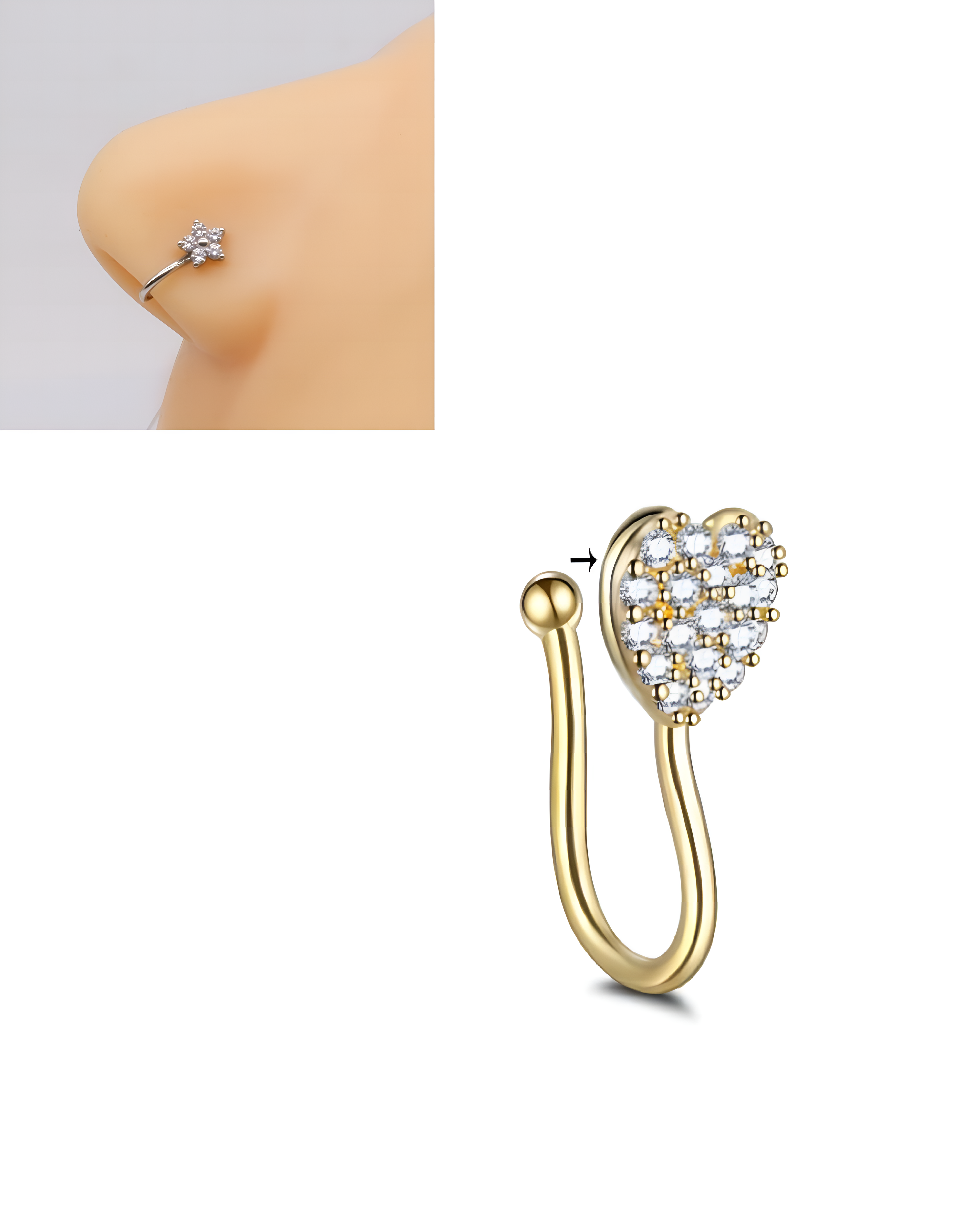 Piercing and non-piercing nose, body, and nostril jewellery collection for women