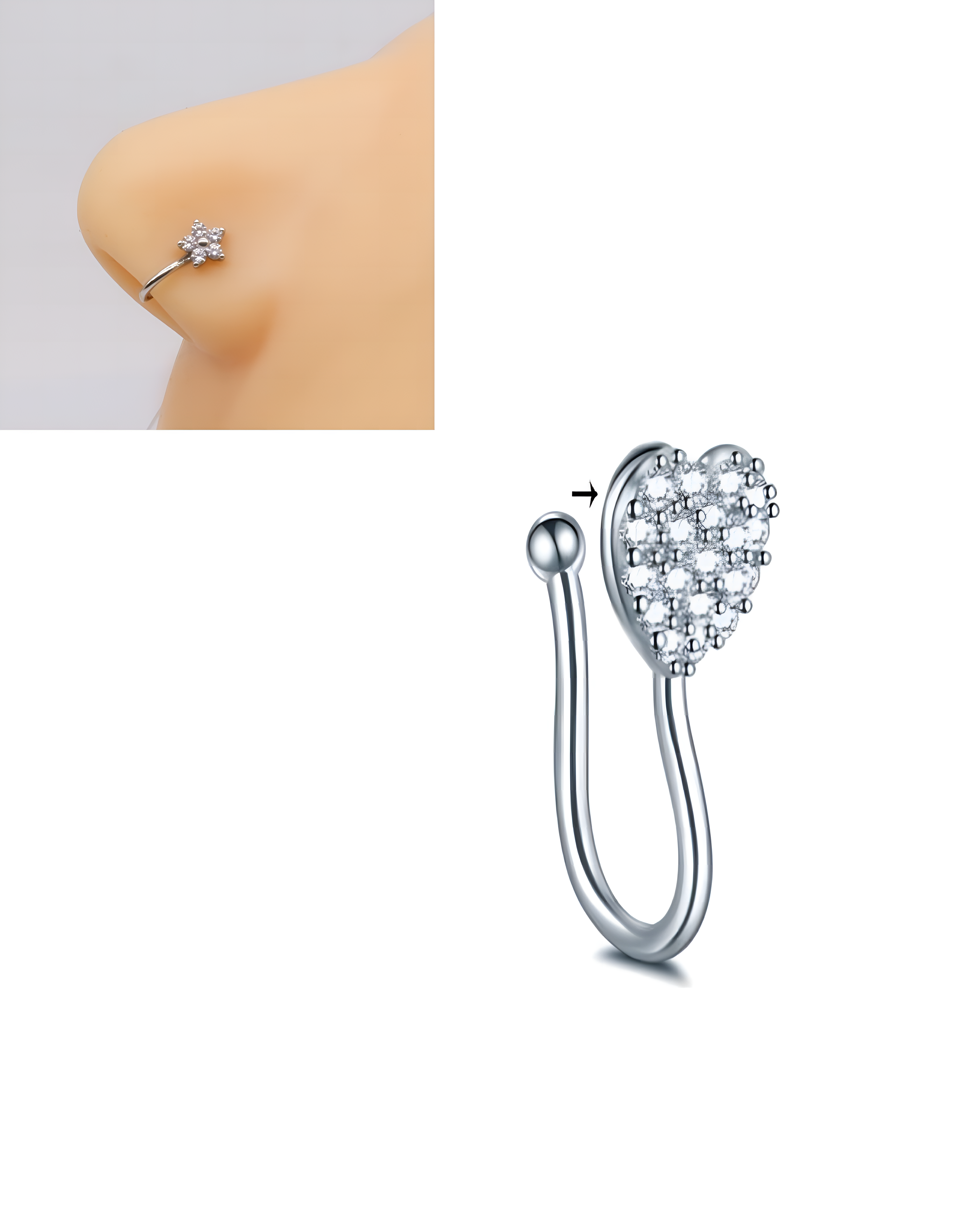 Heart Shaped Non Piercing Nose Pin Clip On Nostril Body Jewelry