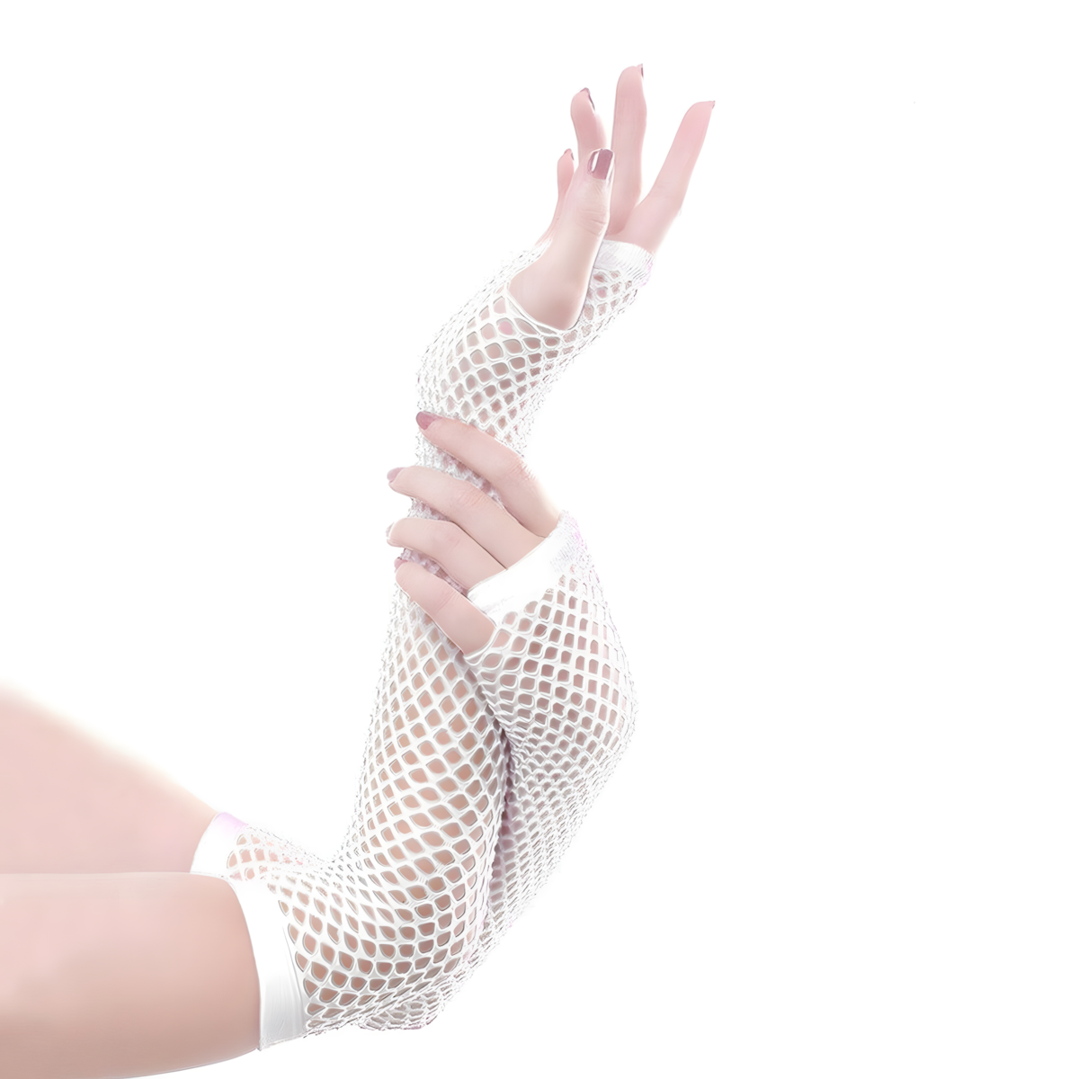 Women's elegant fishnet lace long fingerless gloves, gothic and vintage style accessory.
