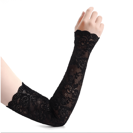 Women's elegant fishnet lace long fingerless gloves, gothic and vintage style accessory.