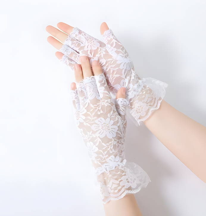 Women's elegant fishnet lace long fingerless gloves, gothic and vintage style accessory.