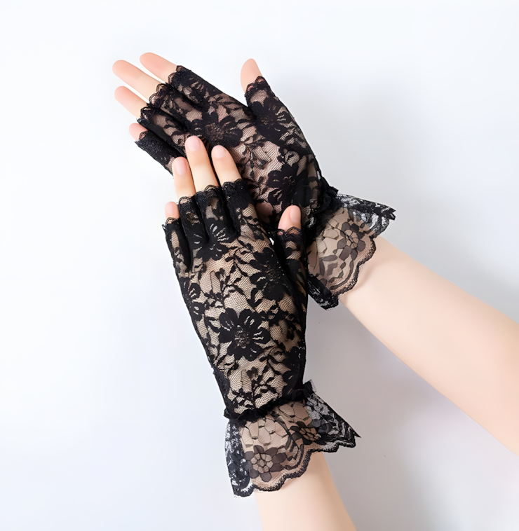 Women's elegant fishnet lace long fingerless gloves, gothic and vintage style accessory.