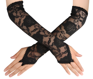 Women's elegant fishnet lace long fingerless gloves, gothic and vintage style accessory.