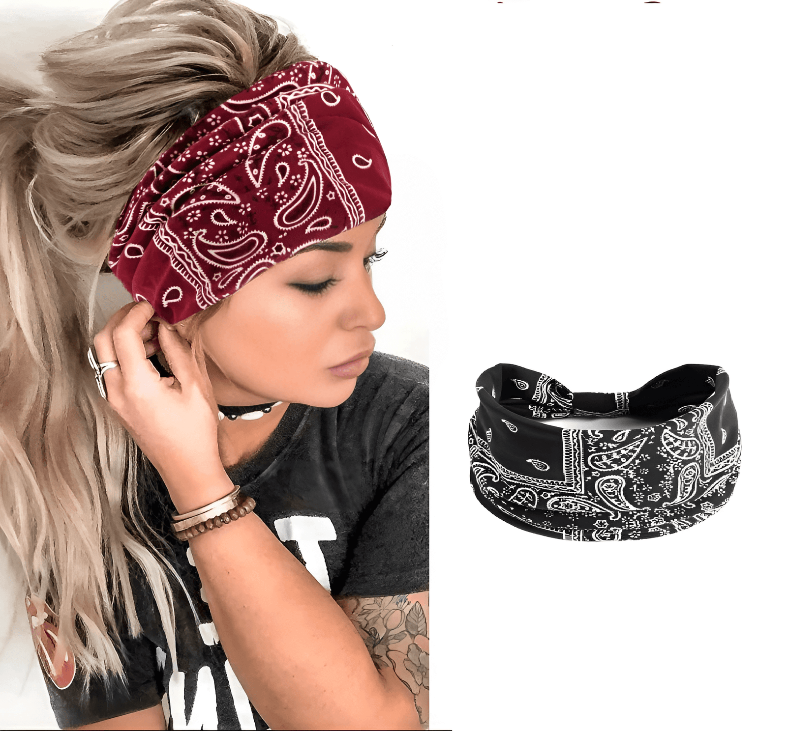 Trendy Fashionable Bohemian Yoga Headband for Women – Elastic Cotton Wide Sports Hairband, Non-Slip Cashew Flower Print Ba...