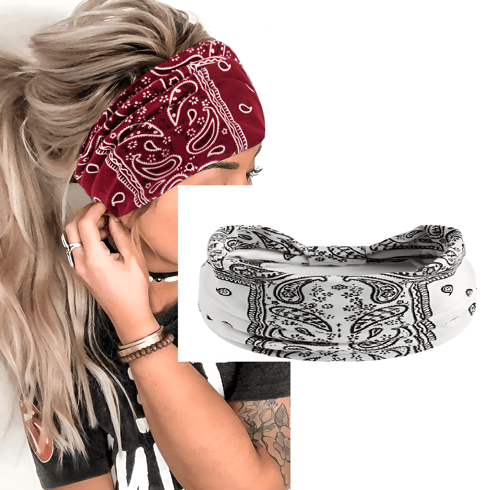 Trendy Fashionable Bohemian Yoga Headband for Women – Elastic Cotton Wide Sports Hairband, Non-Slip Cashew Flower Print Ba...
