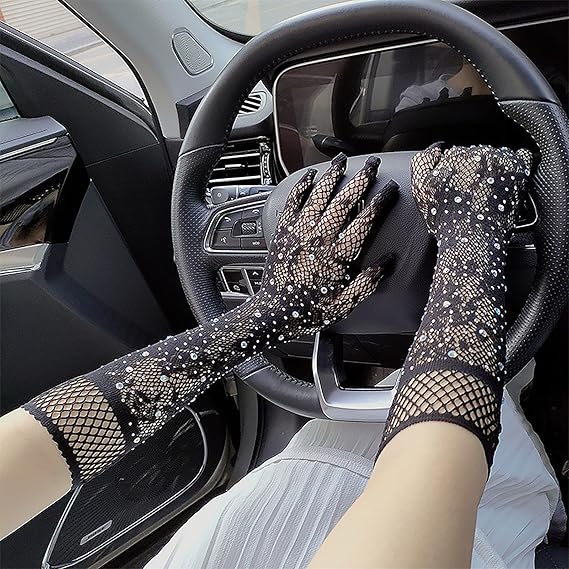 Fishnet Lace Hollow Elasticity Crystals Long Hand Lolita Gloves Sleeves Sleeve Fashionable Women Gloves Arm Cuff Party W