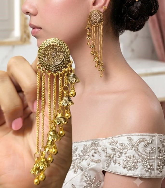 Sahara Jhumka Earrings for Women Bridal Wedding Jhumki Crystal Earring Party Wear Traditional Danglers with Chain