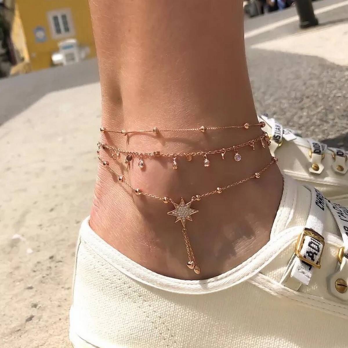 Trendy Classy Elegant 3 Layered Crystals Beads Tassel anklet for girls – anklet Online in Pakistan | Hanaya