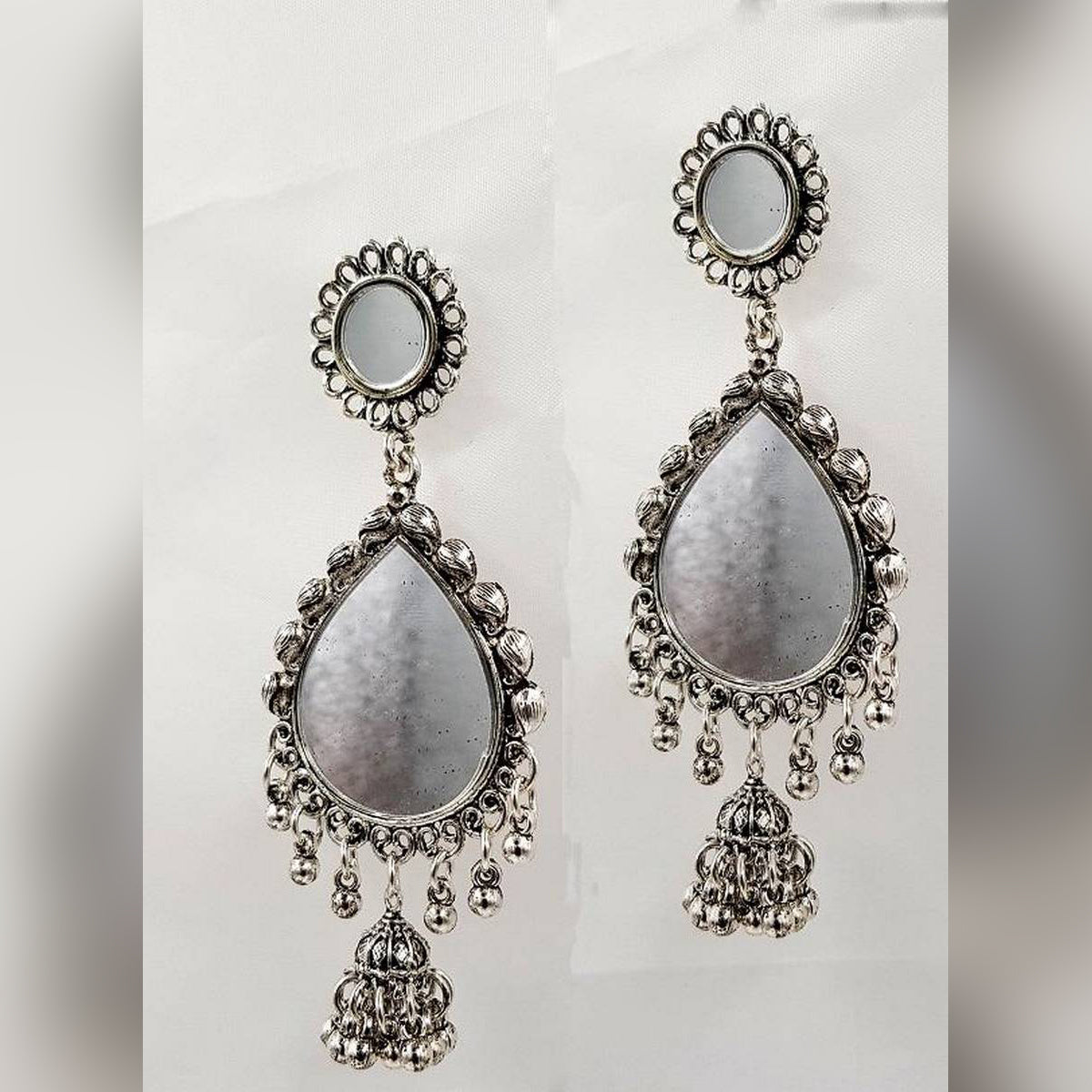 Trendy Silver Antique Mirror Tassel Fully Pearl Earring – Earrings Online in Pakistan | Hanaya
