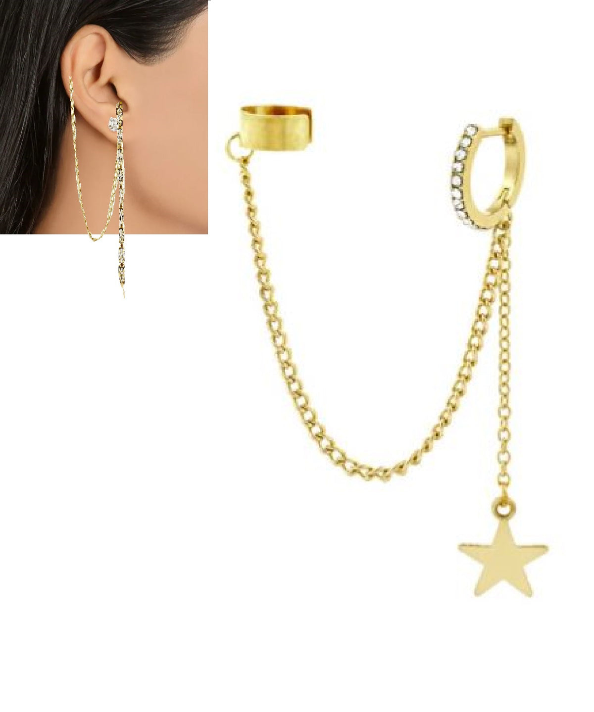 Pair Left & Right Tassel Chain Pearl Long Cuff Drop Earrings – Image 5 of 10