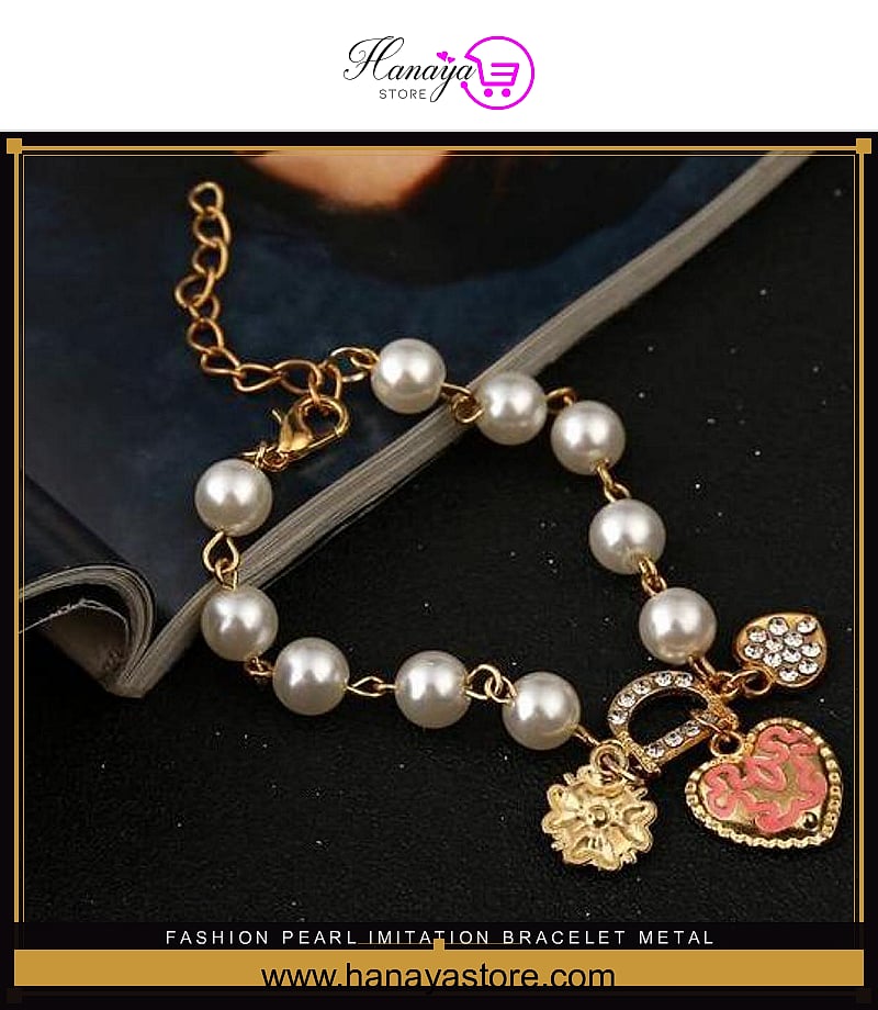 Fashion Pearl Imitation Bracelet Metal Sweet Heart Hanging Rhinestone -FREE – bracelet Online in Pakistan | Hanaya