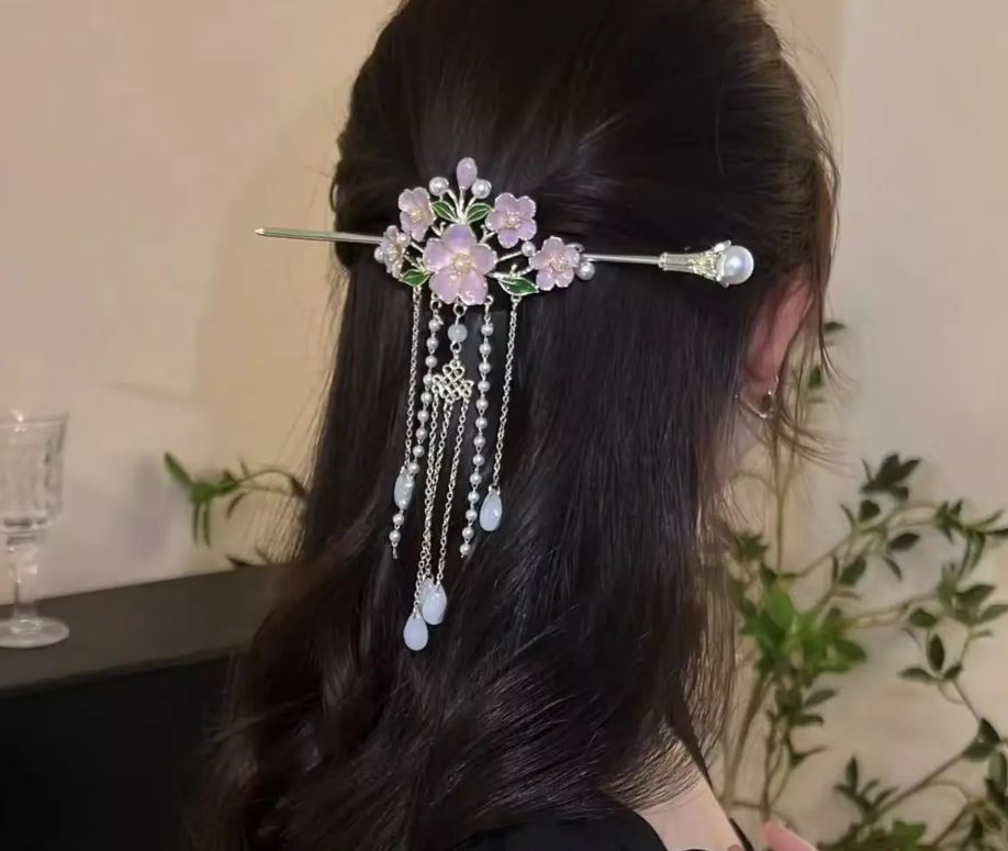 Elegant Chinese Style Hair Clip Tassel Hair Stick Traditional Floral Design – Image 2 of 2