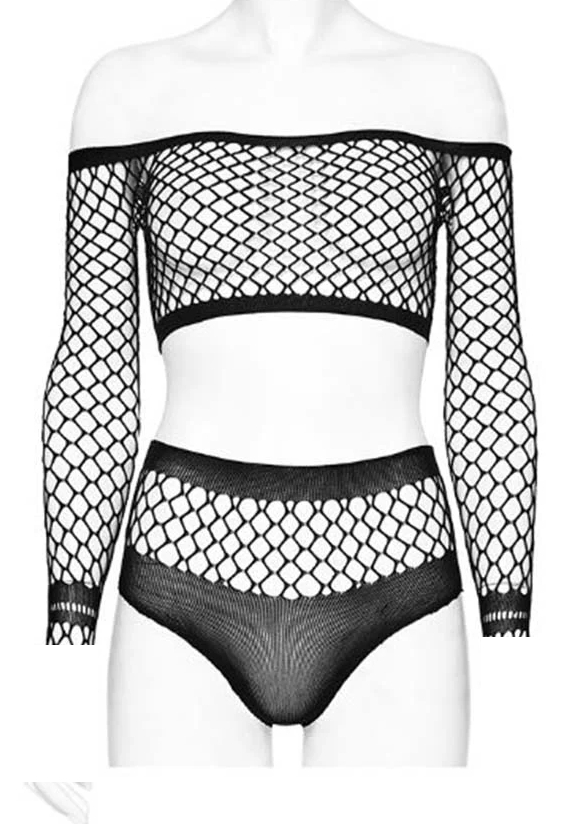 TOP HOLLOW FISHNET One size Hollow out Shirt & Panty Set body Long Sleeve Cosplay Black T-Shirt Fishnet Underwear Base Clo...