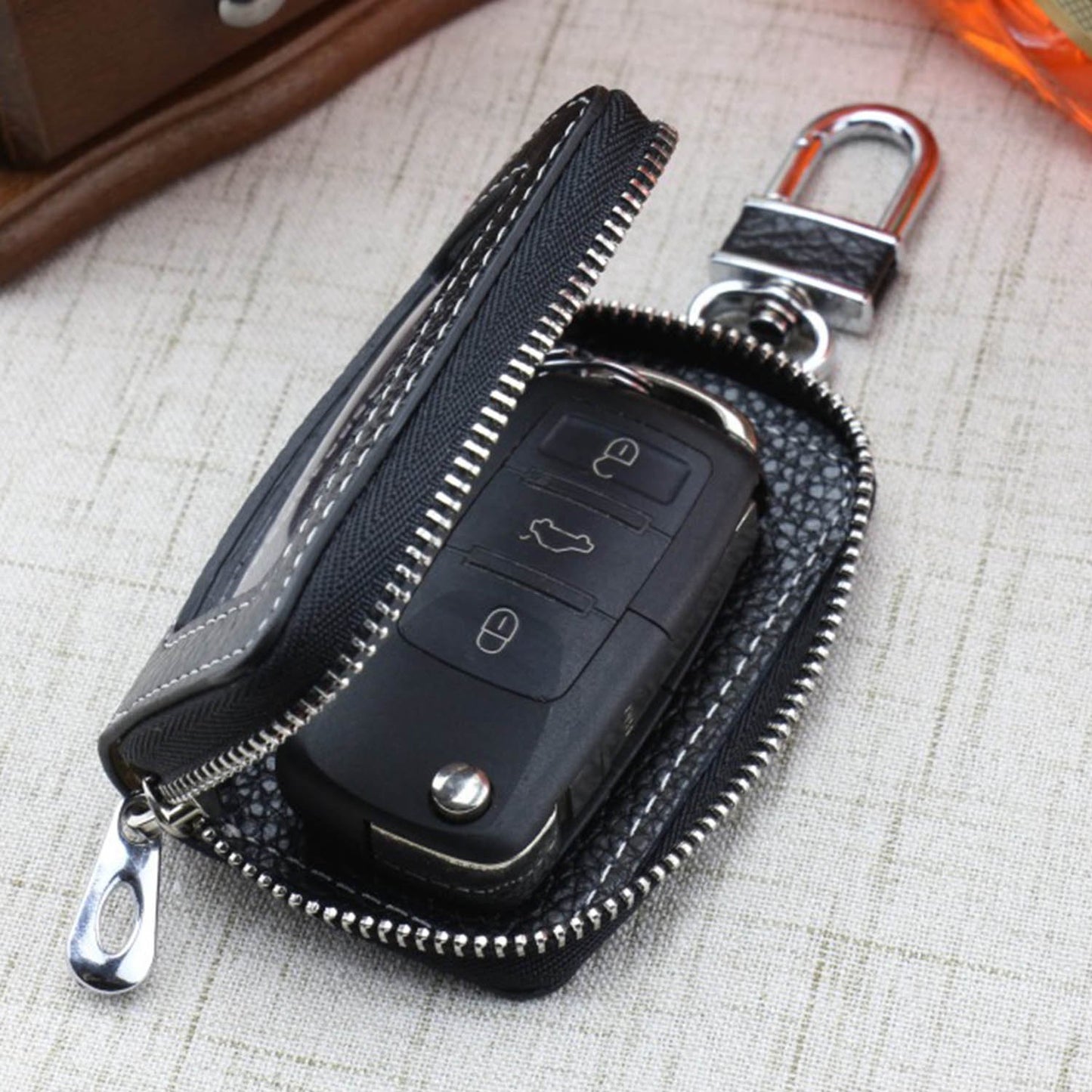 Car Key Holder Leather Vehicle Universal Remote Key FOB Smart Key Protector Keychain Case – Image 2 of 3