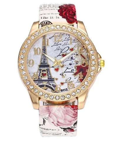 Eiffel ladies watch with rose pattern PU leather and rhinestone bezel – ladies wristwatch Pakistan – Hanaya Store