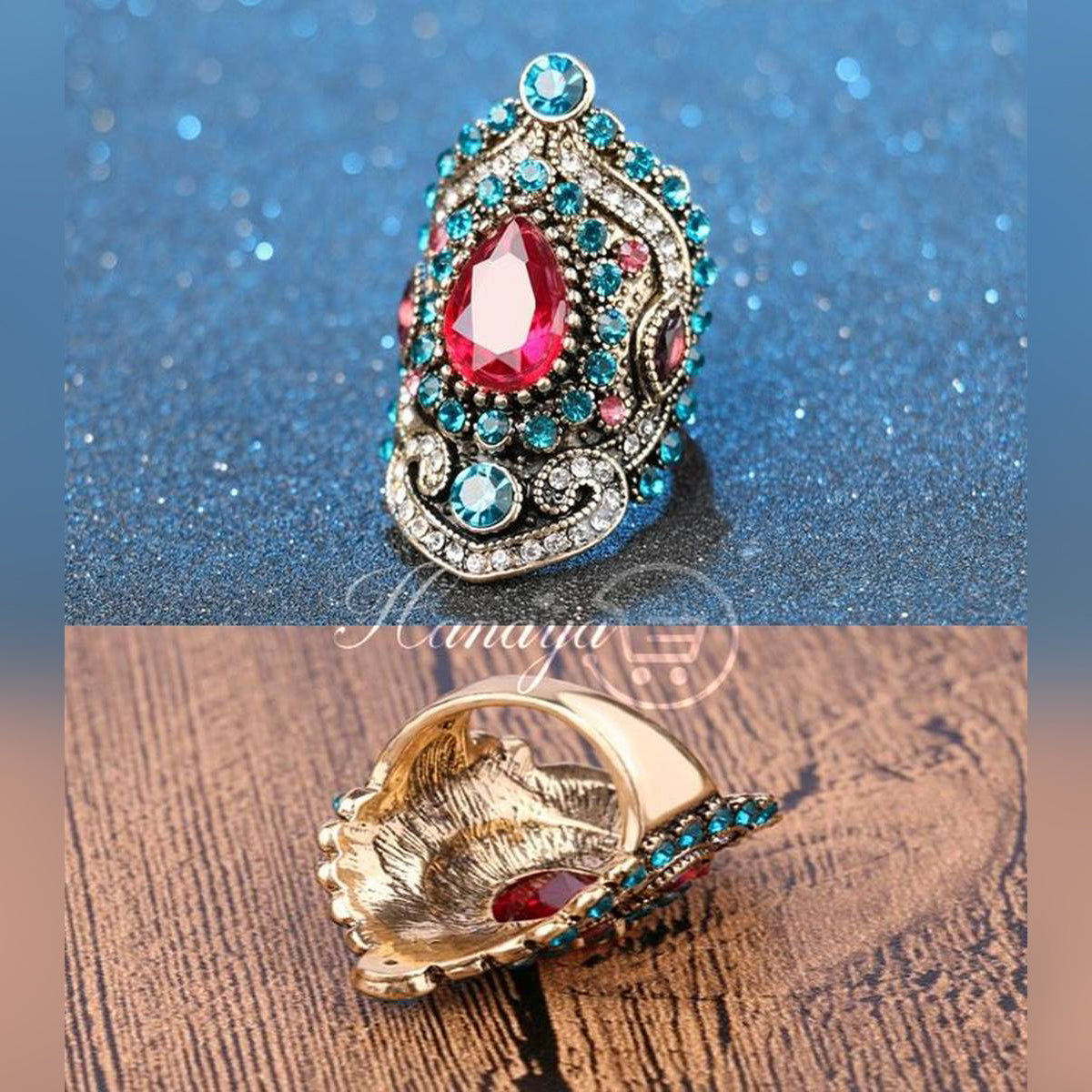 Turkish Vintage Ring Beautiful Stones Mosaic Blue – Close Up – Accessories | Hanaya Pakistan