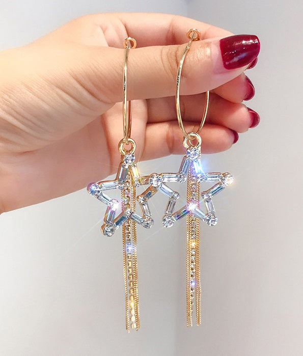 Trendy Tassel Long Star Crystal Zircon Elegant Earring – Close Up – Accessories | Hanaya Pakistan