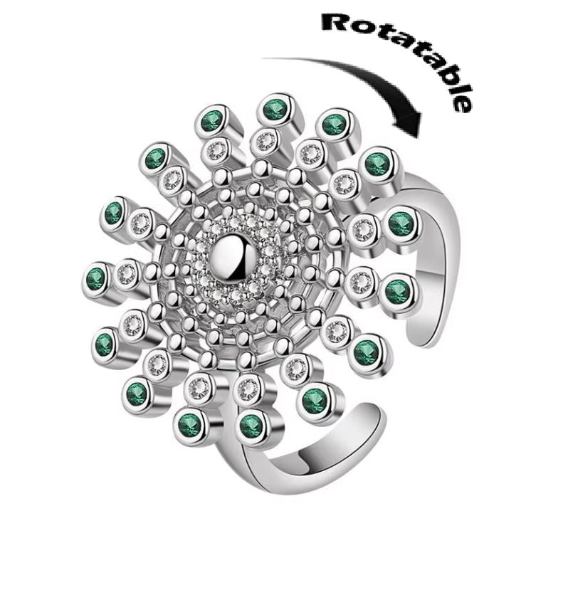 ROTATABLE Adjustable Silver Zircon Flower Ring for Women Anti Anxiety Rings– One Size Fashion Jewelry for Party, Wedding, Gift & Daily Wear
