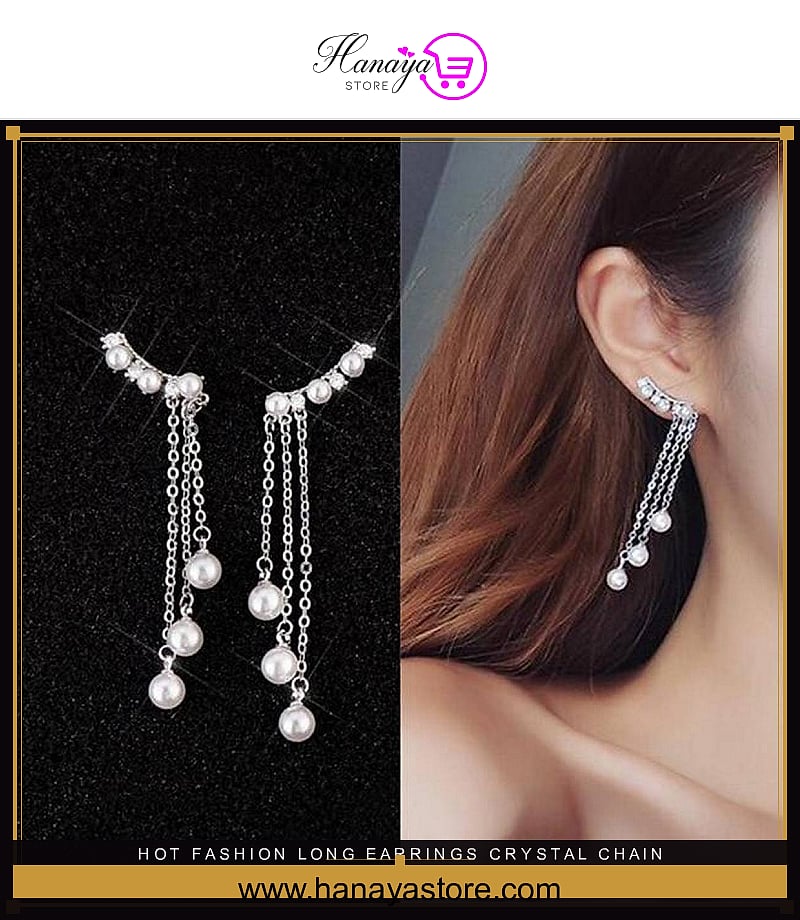 Hot Fashion Long Earrings Crystal Chain Tassel Simulated Pearl Drop Earrings -FREE Gift Box – Earrings Online in Pakistan ...
