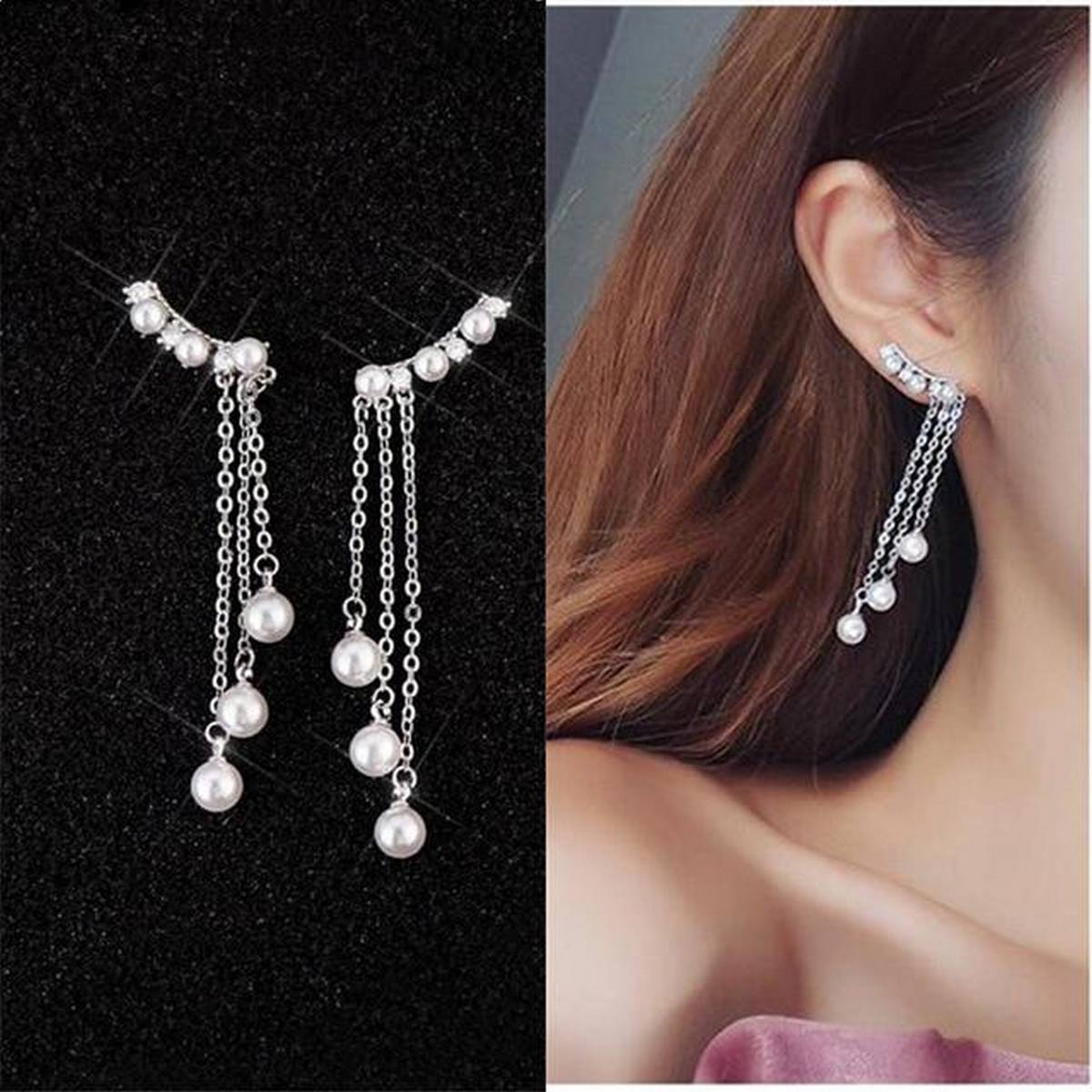 Hot Fashion Long Earrings Crystal Chain Tassel Simulated Pearl Drop Earrings -FREE Gift Box – Earrings Online in Pakistan ...