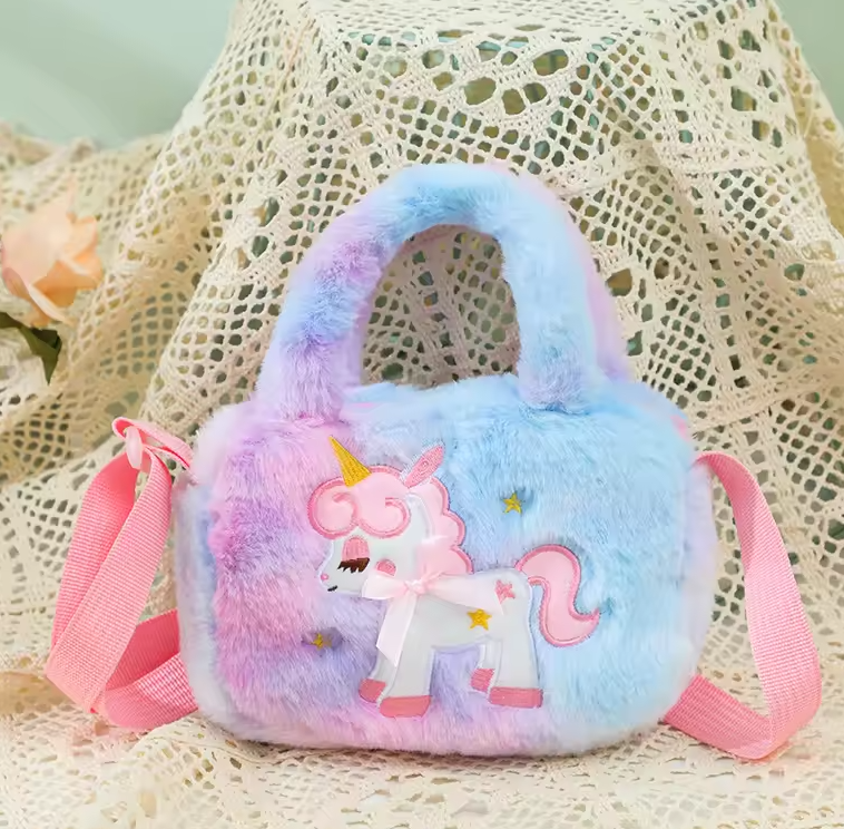 Little Girls Rainbow Fluffy Unicorn Kid Embroidery Unicorn Plush Crossbody Purses And Handbags Purse Cute Cartoon Furry Sh...