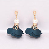 Trendy Fashion Metal Ball Earrings Simulated Pearl Cloth Art Flowers Drop Earrings – Image 3 of 4