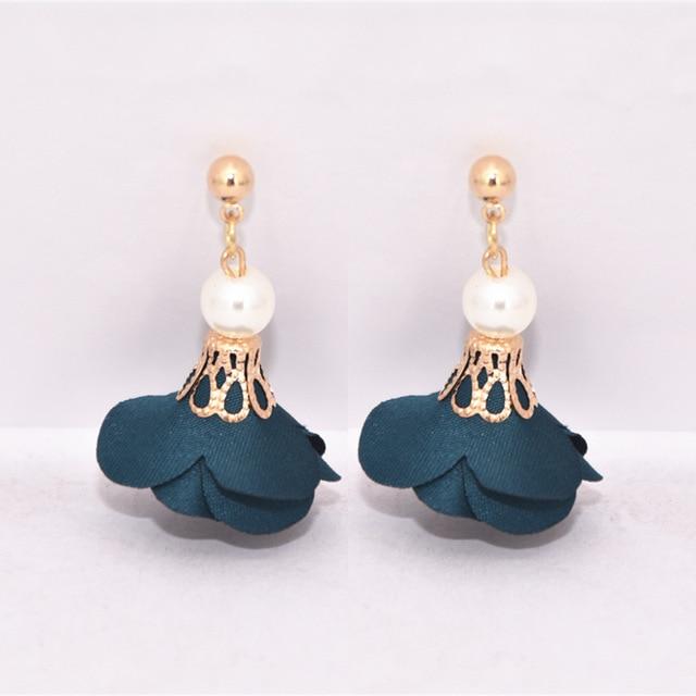 Trendy Fashion Metal Ball Earrings Simulated Pearl Cloth Art Flowers Drop Earrings – Image 3 of 4