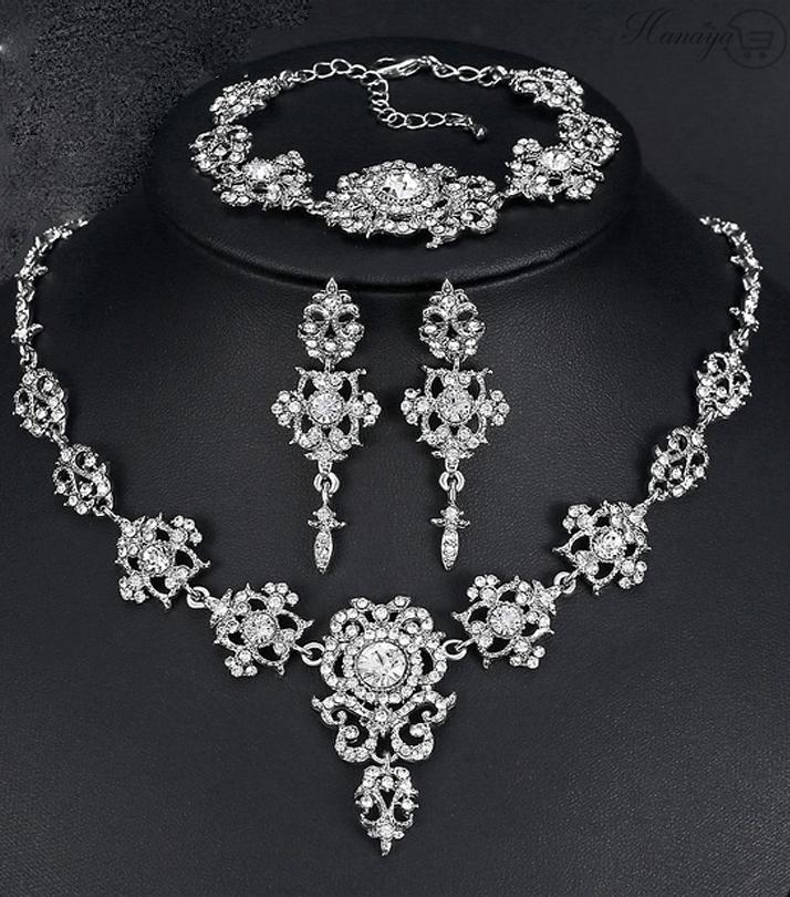 Trendy Shinny Silver Zircon Floral Crystal Jewelry Set Necklace Earrings Bracelet-FREE Gift Box – Close Up – Accessories |...