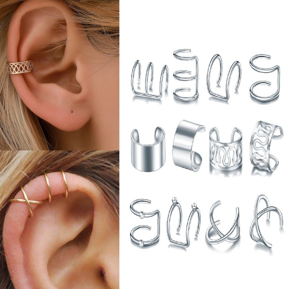 Trendy High Quality Korean 12 Pcs Style Ear Cuff Classy Elegant Fashion Jewelry – Close Up – Earrings | Hanaya Pakistan