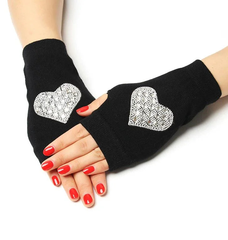 Rhinestone Fingerless Gloves Long Crystal Heart Love Thick Gloves Fashionable Women Gloves – Accessories Online in Pakista...