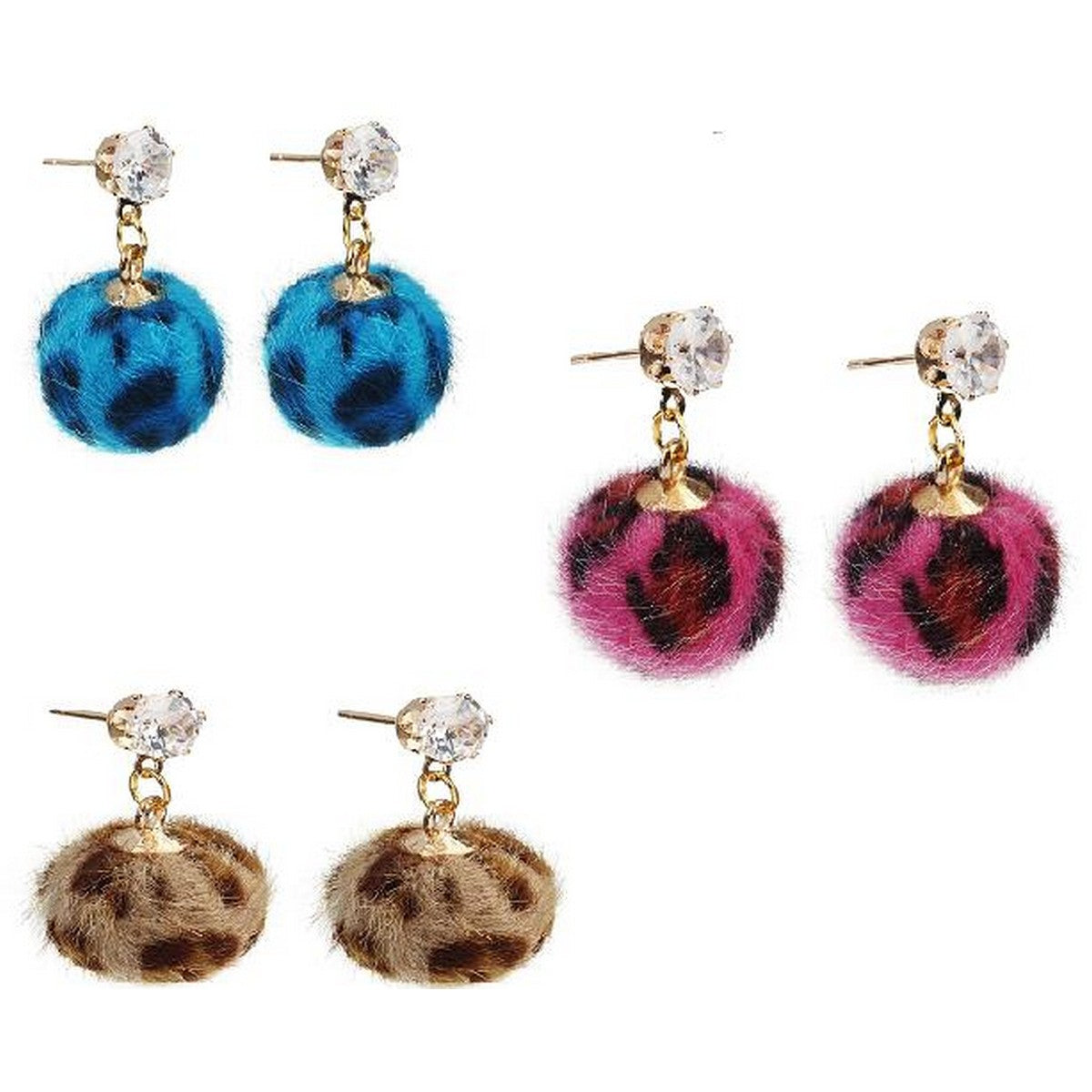 Leopard pom pom plush earrings with copper zircon – fluffy statement earrings for girls Pakistan – Hanaya Store